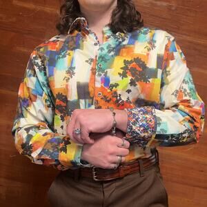 ROBERT GRAHAM Burlingame Flip Cuff Dress Shirt Size L Embroidered Sports Cotton